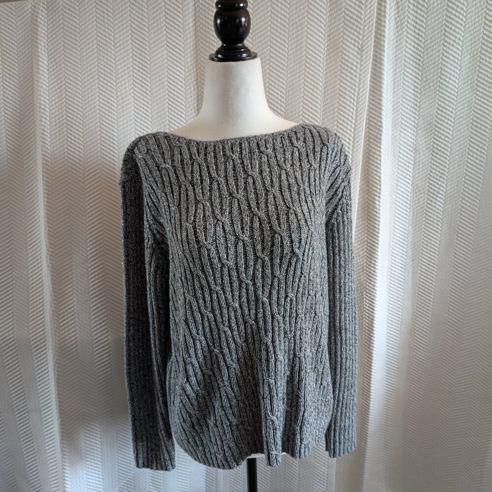 Liz Claiborne Liz & Co Vintage Grey Cable Knit Sweater Metallic Thread Medium
